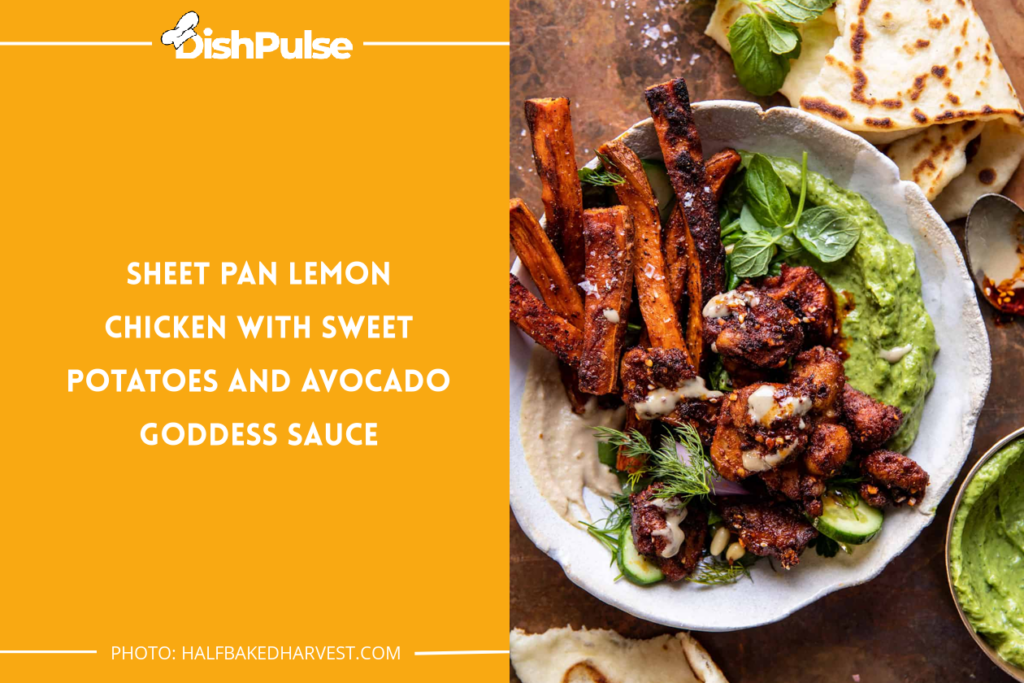 Sheet Pan Lemon Chicken with Sweet Potatoes and Avocado Goddess Sauce