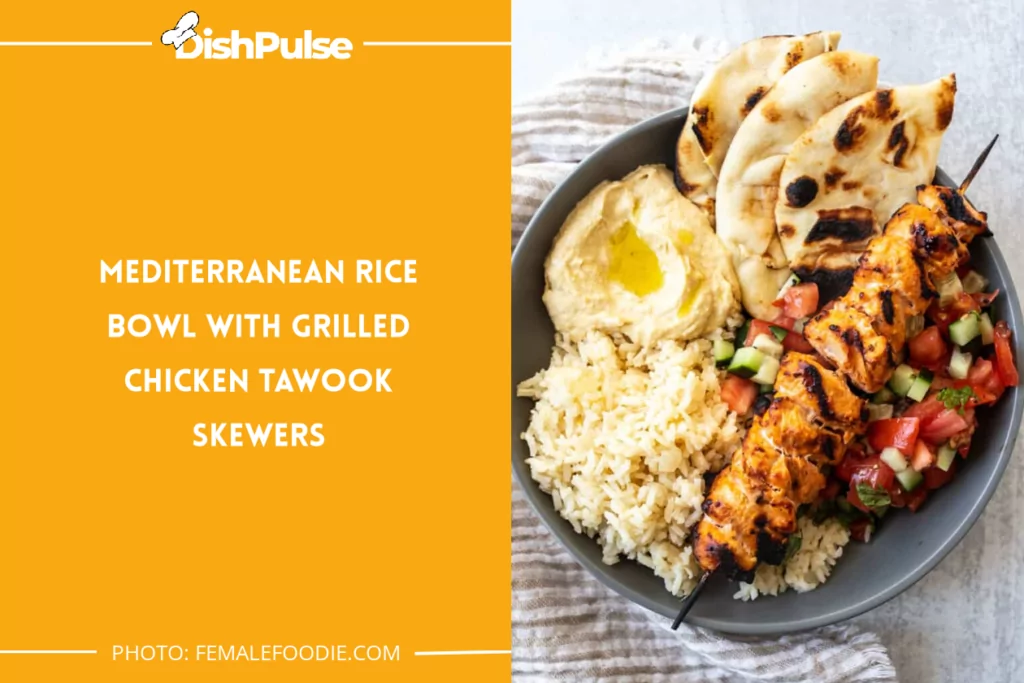 Mediterranean Rice Bowl with Grilled Chicken Tawook Skewers